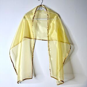 Unbranded Sheer Yellow Scarf Stole Wrap Gold Trimmed 18" x  74" Shimmery Sheer